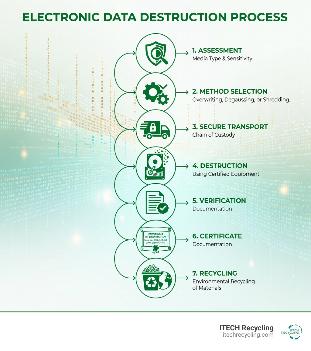 Infographic showing the electronic data destruction process: Assessment of media type and sensitivity → Selection of appropriate method (overwriting, degaussing, or physical shredding) → Secure transport with chain of custody → Destruction using certified equipment → Verification and documentation → Certificate of Destruction issued → Environmental recycling of materials - electronic data destruction infographic 