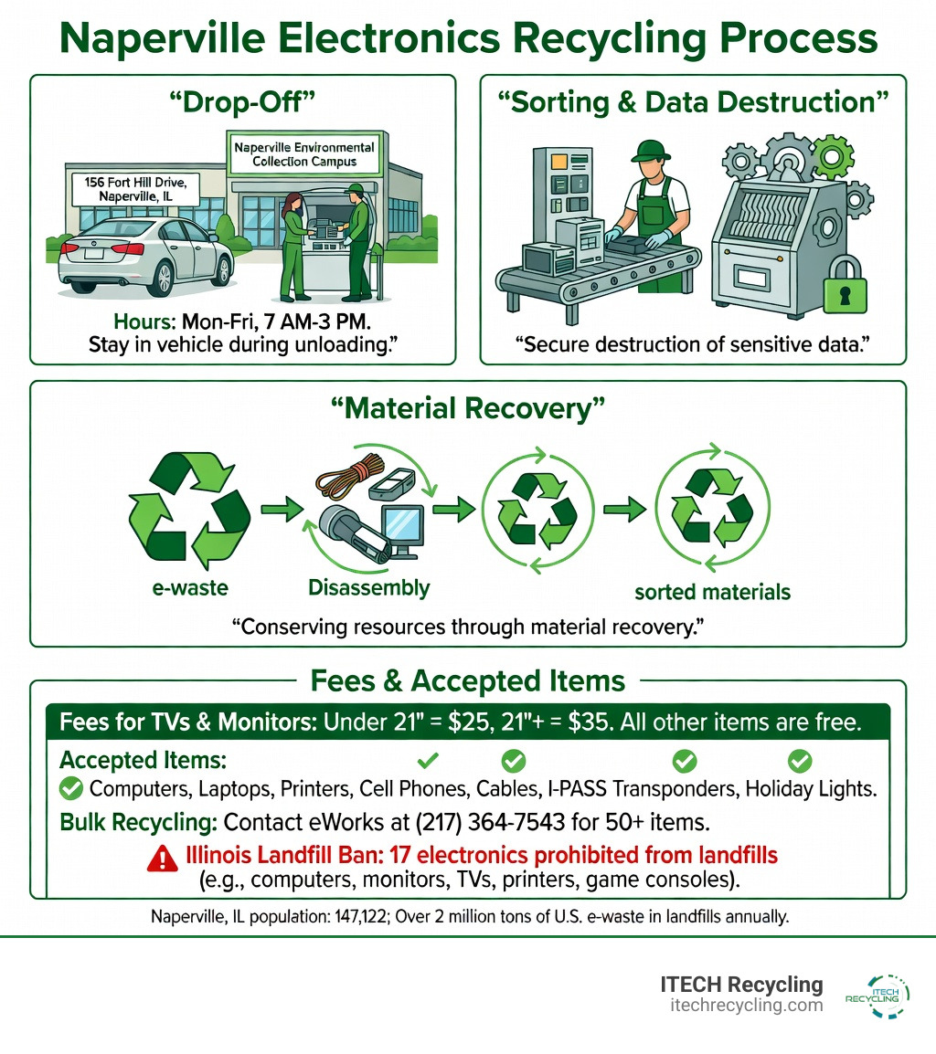 Infographic showing the complete electronics recycling process in Naperville, from drop-off at 156 Fort Hill Drive through sorting and data destruction to material recovery and resource conservation, including fee structure for TVs and monitors, accepted items list, and Illinois landfill ban requirements - electronics recycling naperville infographic Infographic showing the complete electronics recycling process in Naperville, from drop-off at 156 Fort Hill Drive through sorting and data destruction to material recovery and resource conservation, including fee structure for TVs and monitors, accepted items list, and Illinois landfill ban requirements - electronics recycling naperville infographic
