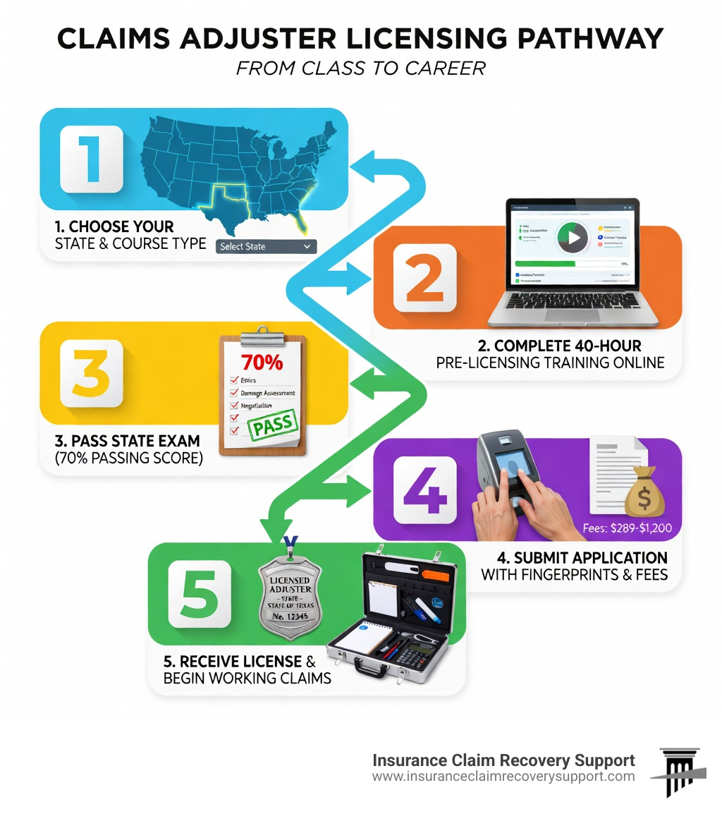 Infographic showing the path from claims adjuster classes to licensing: 1. Choose your state and course type, 2. Complete 40-hour pre-licensing training online, 3. Pass state exam (70% passing score), 4. Submit application with fingerprints and fees, 5. Receive license and begin working claims - claims adjuster classes infographic 