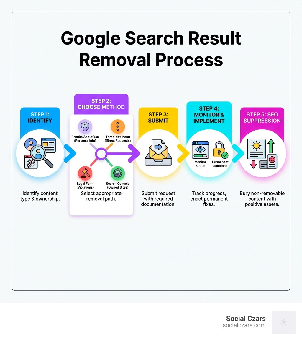 Infographic showing the complete Google search result removal process: Step 1 - Identify content type and ownership, Step 2 - Choose removal method (Results About You for personal info, Three-dot menu for direct requests, Legal form for violations, Search Console for owned sites), Step 3 - Submit request with required documentation, Step 4 - Monitor status and implement permanent solutions, Step 5 - Use SEO suppression for non-removable content - Remove unwanted search results infographic 
