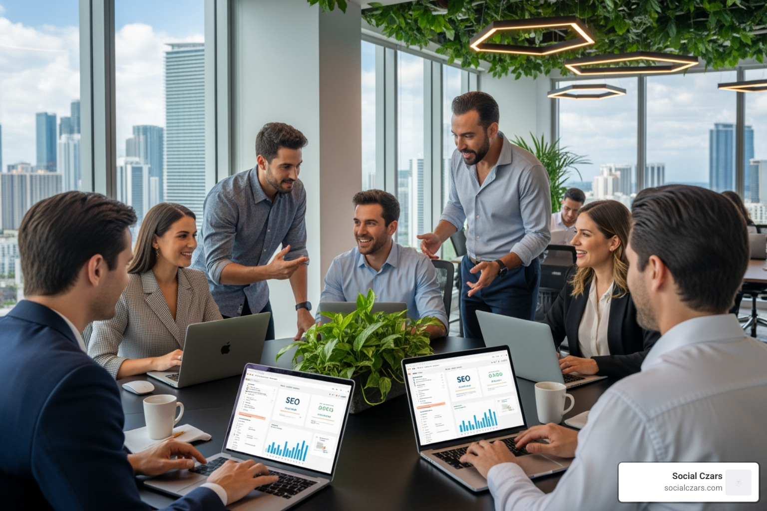 Bilingual marketing team collaborating in a Brickell office - Digital marketing Miami Bilingual marketing team collaborating in a Brickell office - Digital marketing Miami