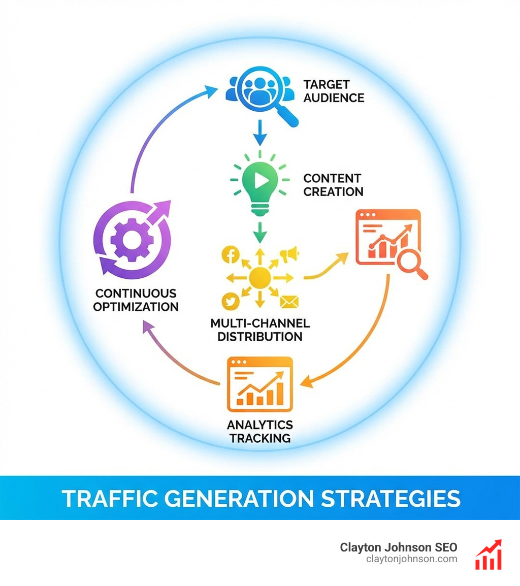 systematic traffic generation funnel showing audience targeting, content creation, multi-channel distribution, analytics tracking, and continuous optimization loop - Traffic generation strategies infographic 