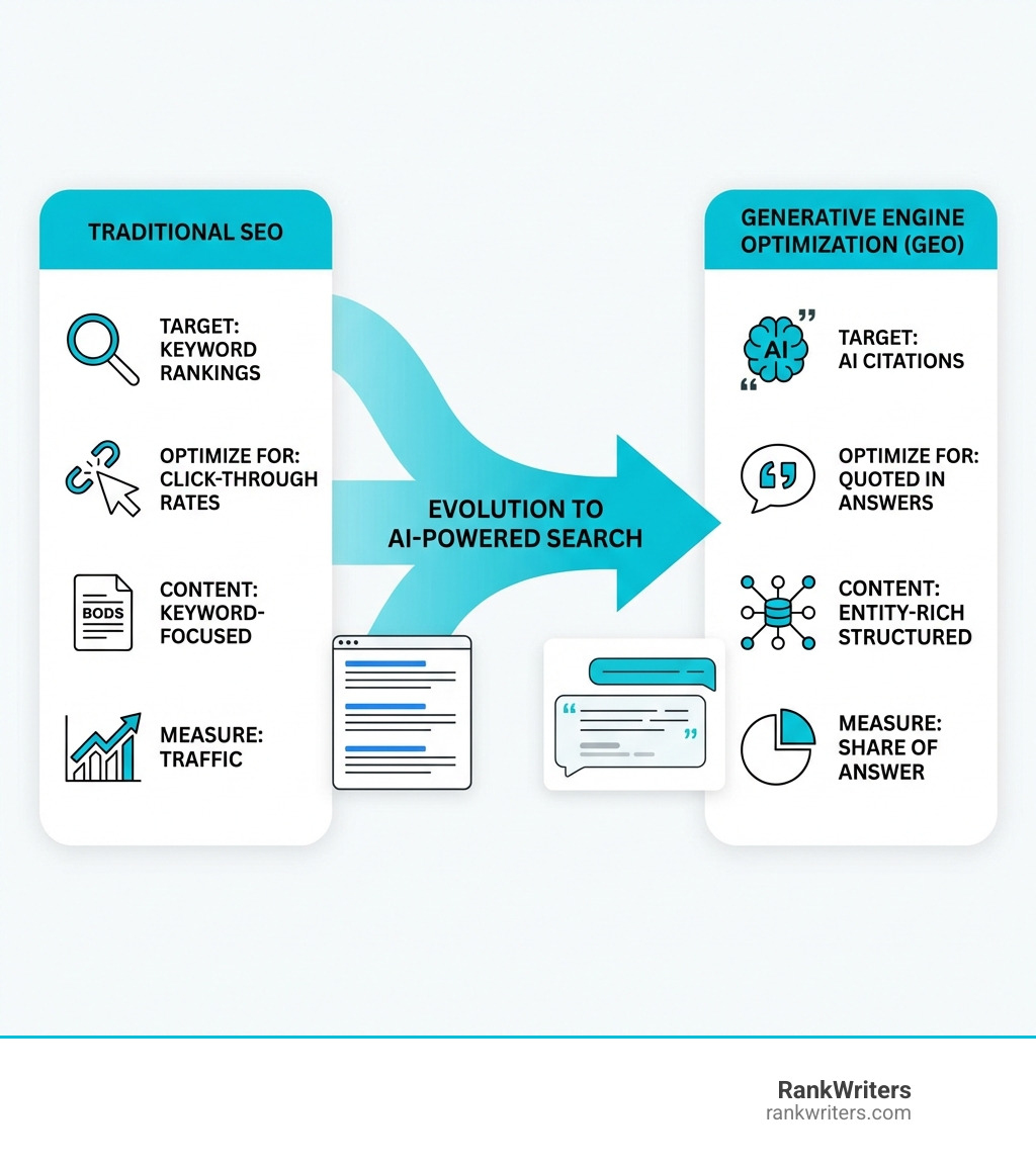 Infographic showing the evolution from traditional SEO focused on rankings and clicks to GEO focused on AI citations and conversational answers, highlighting key differences including: Traditional SEO targets keyword rankings while GEO targets AI citations, SEO optimizes for click-through rates while GEO optimizes for being quoted in answers, SEO uses keyword-focused content while GEO uses entity-rich structured content, and SEO measures success by traffic while GEO measures success by share of answer - GEO for law firms infographic 