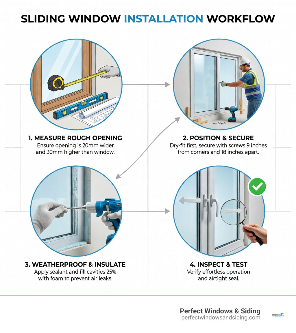 infographic showing sliding window installation workflow from measurement through rough opening preparation, window positioning and securing, weatherproofing and insulation, to final inspection and testing - Sliding window installation infographic 