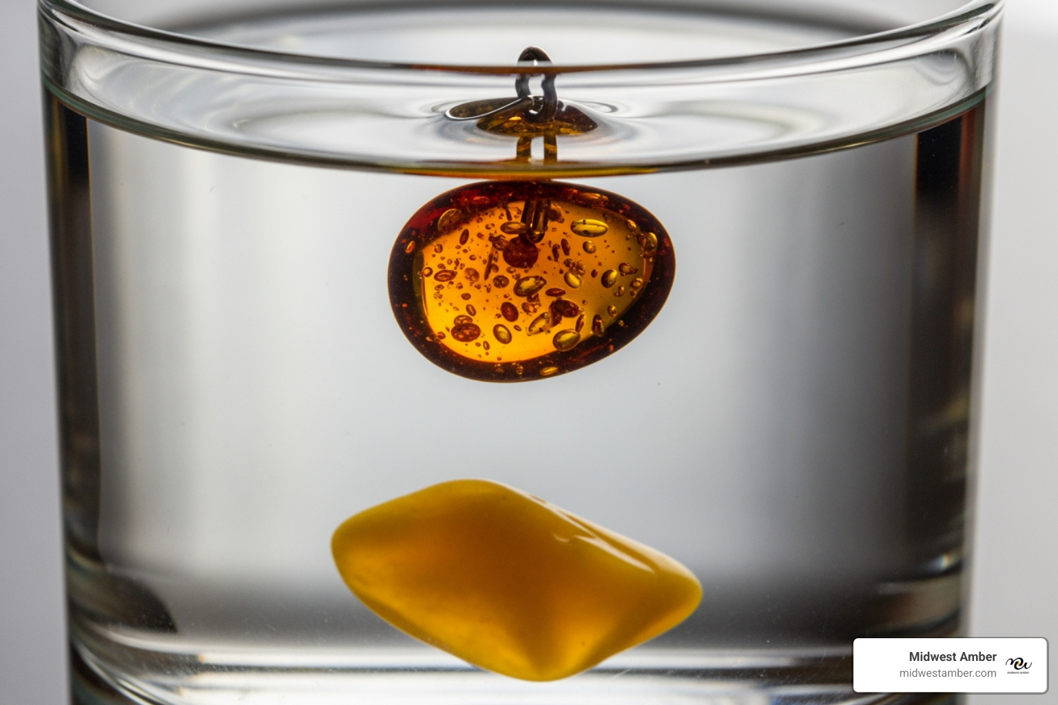 A close-up of a saltwater test where a genuine amber pendant floats while a plastic imitation sinks to the bottom of the glass - Buy amber jewelry