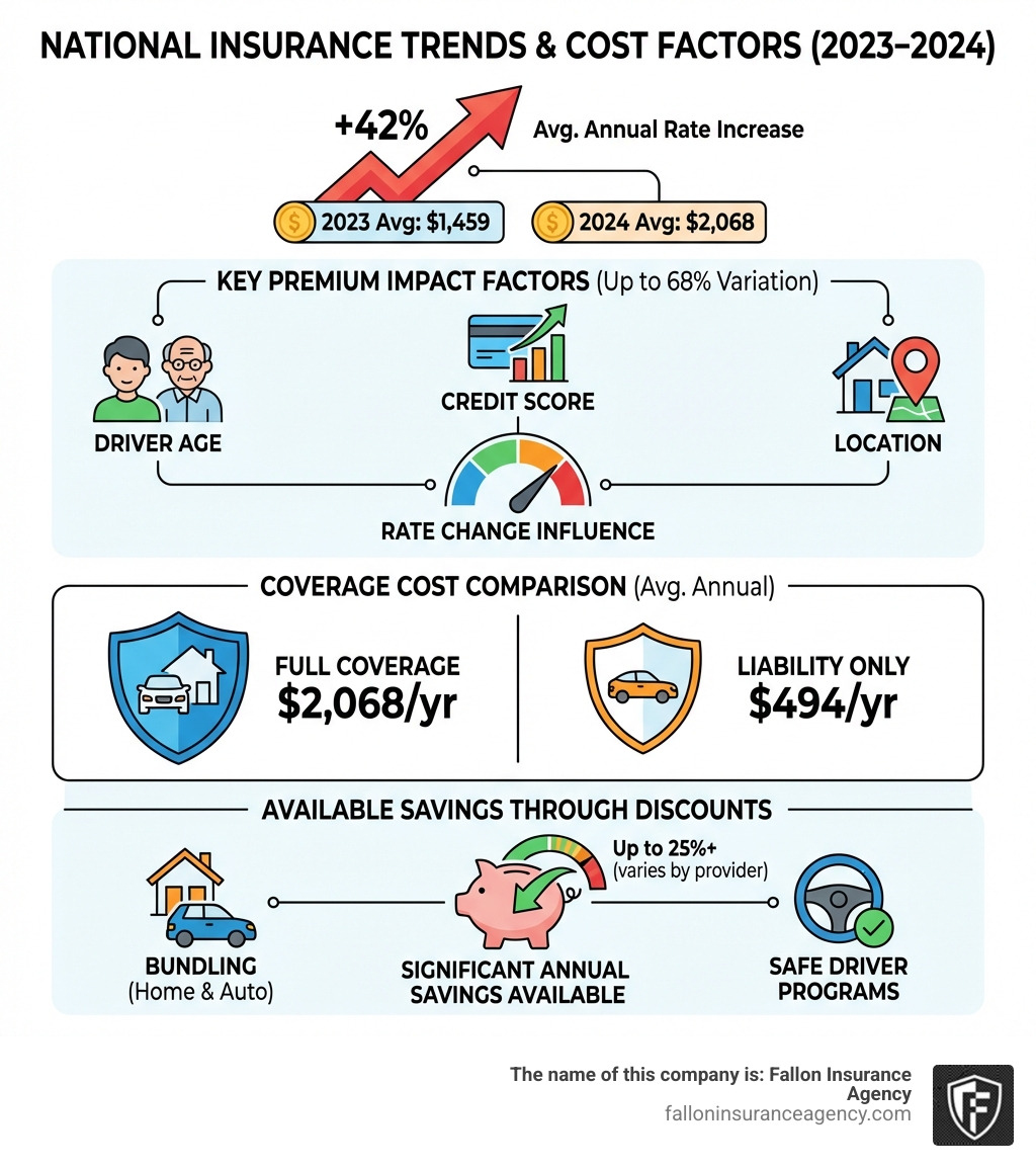 infographic showing national insurance rate increases from 2023 to 2024, breakdown of factors affecting premiums including driver age, credit score, and location, comparison of full coverage versus liability-only costs, and percentage savings available through common discounts like bundling and safe driver programs - best low cost insurance infographic infographic showing national insurance rate increases from 2023 to 2024, breakdown of factors affecting premiums including driver age, credit score, and location, comparison of full coverage versus liability-only costs, and percentage savings available through common discounts like bundling and safe driver programs - best low cost insurance infographic