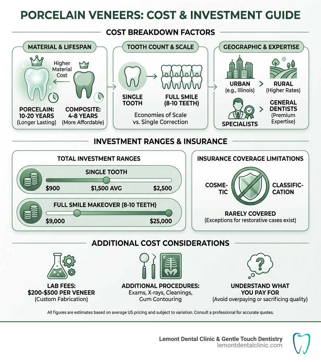 infographic showing porcelain veneers cost breakdown by tooth count, material type, and geographic region, including average lifespan comparison between porcelain and composite veneers, insurance coverage limitations, and total investment ranges for single tooth vs full smile makeover - Porcelain veneers cost infographic infographic showing porcelain veneers cost breakdown by tooth count, material type, and geographic region, including average lifespan comparison between porcelain and composite veneers, insurance coverage limitations, and total investment ranges for single tooth vs full smile makeover - Porcelain veneers cost infographic