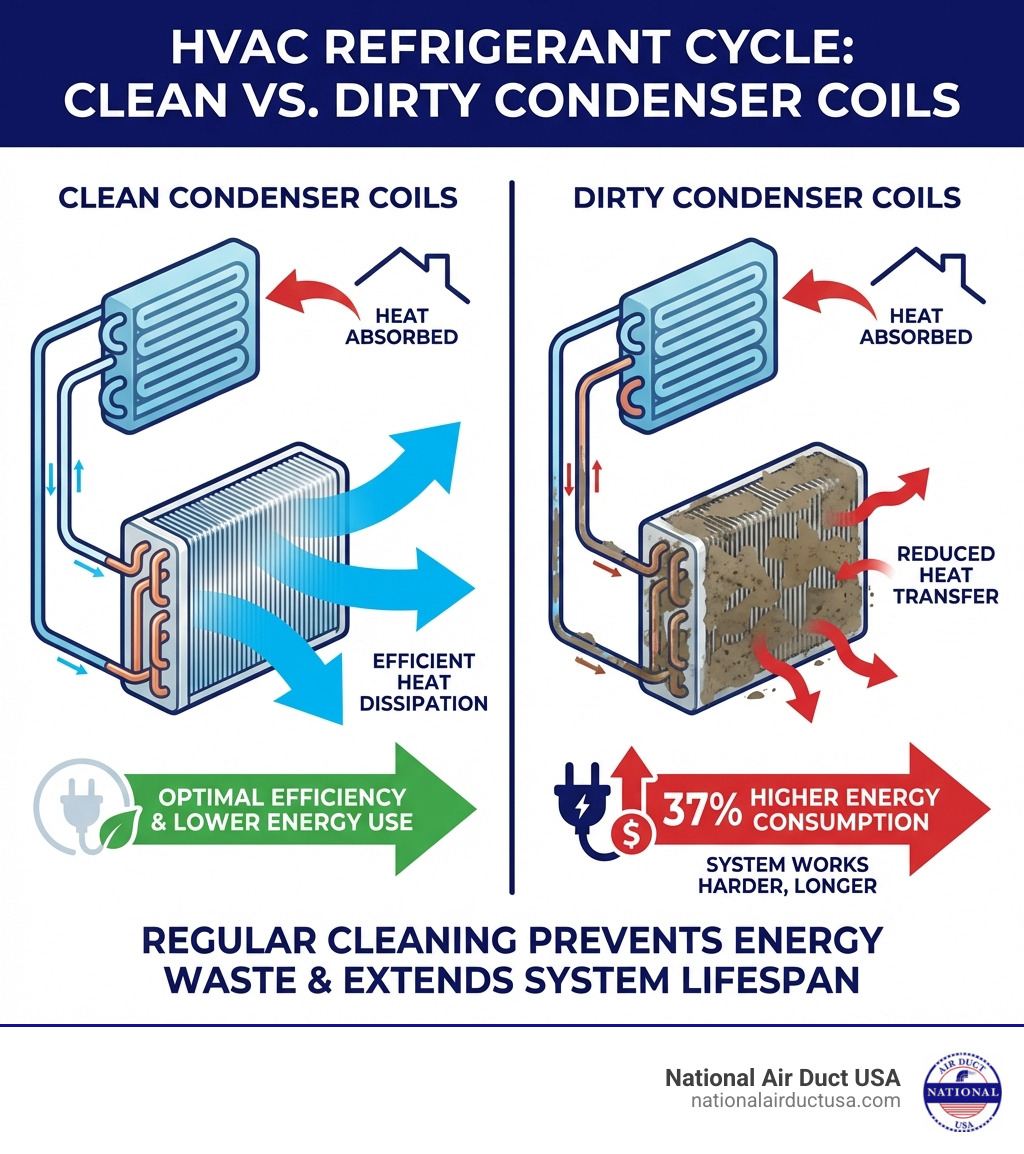 infographic showing the refrigerant cycle with clean vs dirty condenser coils side by side, illustrating heat transfer process from indoor evaporator coil through refrigerant lines to outdoor condenser coils, with arrows showing reduced efficiency and 37% higher energy consumption when coils are dirty - clean hvac condenser coils infographic 