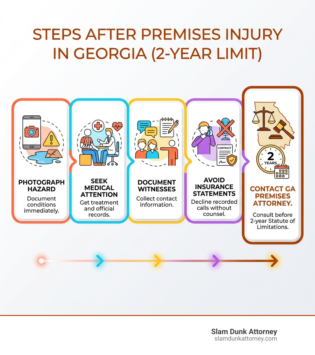 infographic showing steps after premises injury in Georgia including photographing hazard, seeking medical attention, documenting witnesses, avoiding insurance statements, and contacting Georgia premises liability attorney within two year statute of limitations - premise liability law firm infographic 
