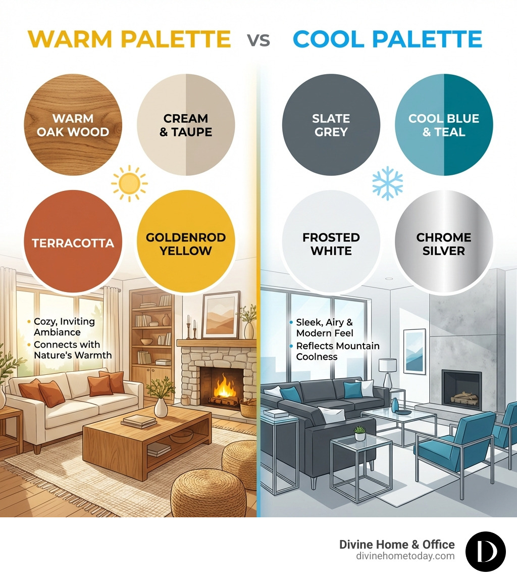 infographic comparing warm vs. cool color palettes for Colorado homes, highlighting warm oak and earthy neutrals - interior designer denver infographic 