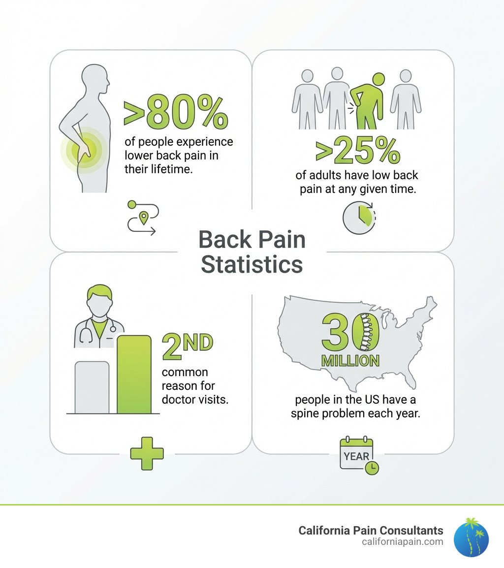 Infographic showing back pain statistics: over 80% of people experience lower back pain in their lifetime, more than 25% of adults have low back pain at any given time, back pain is the second most common reason for doctor visits, and about 30 million people in the US have a spine problem each year - backache relief infographic 