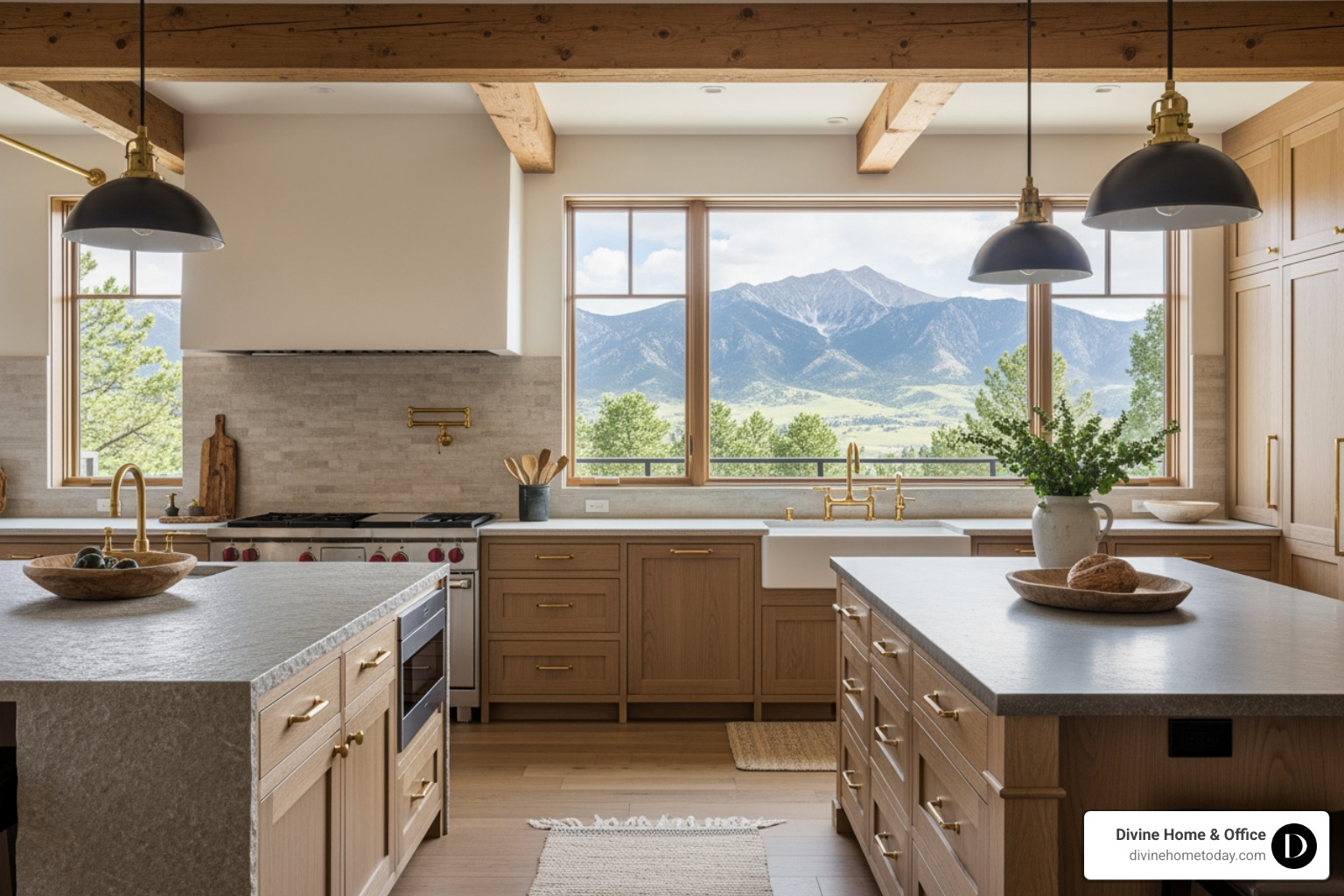 high-end modern mountain kitchen in a Denver home with stone countertops and natural wood cabinetry - interior designer denver