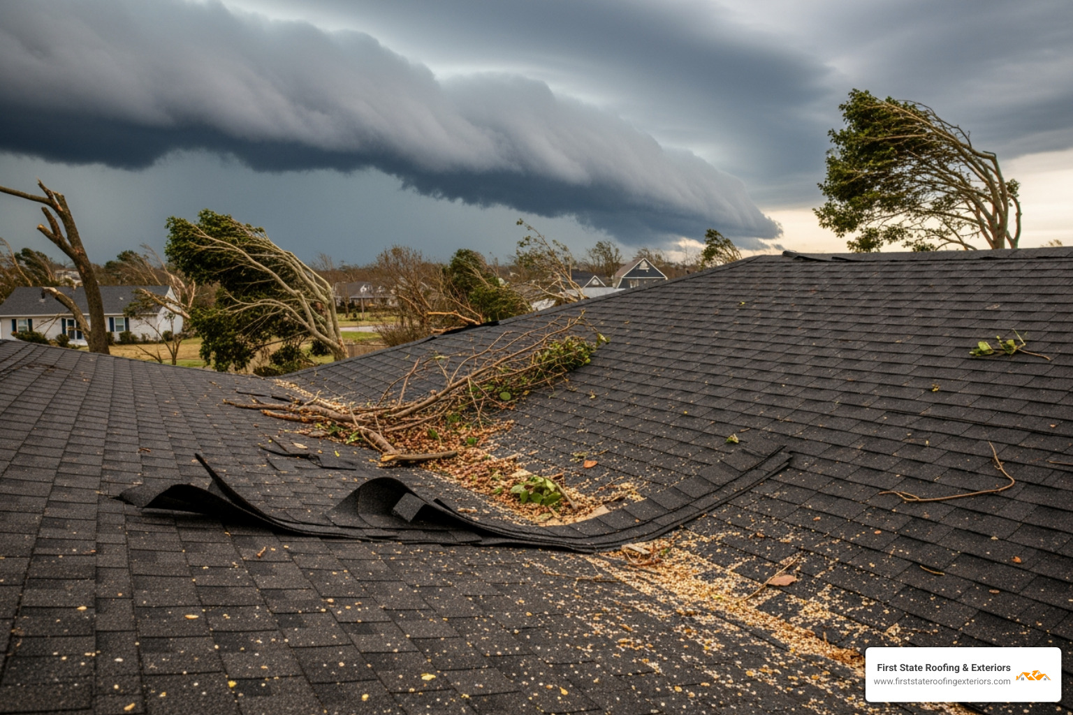 Storm damaged shingles on a Dover home after a high-wind event - Dover DE roofing