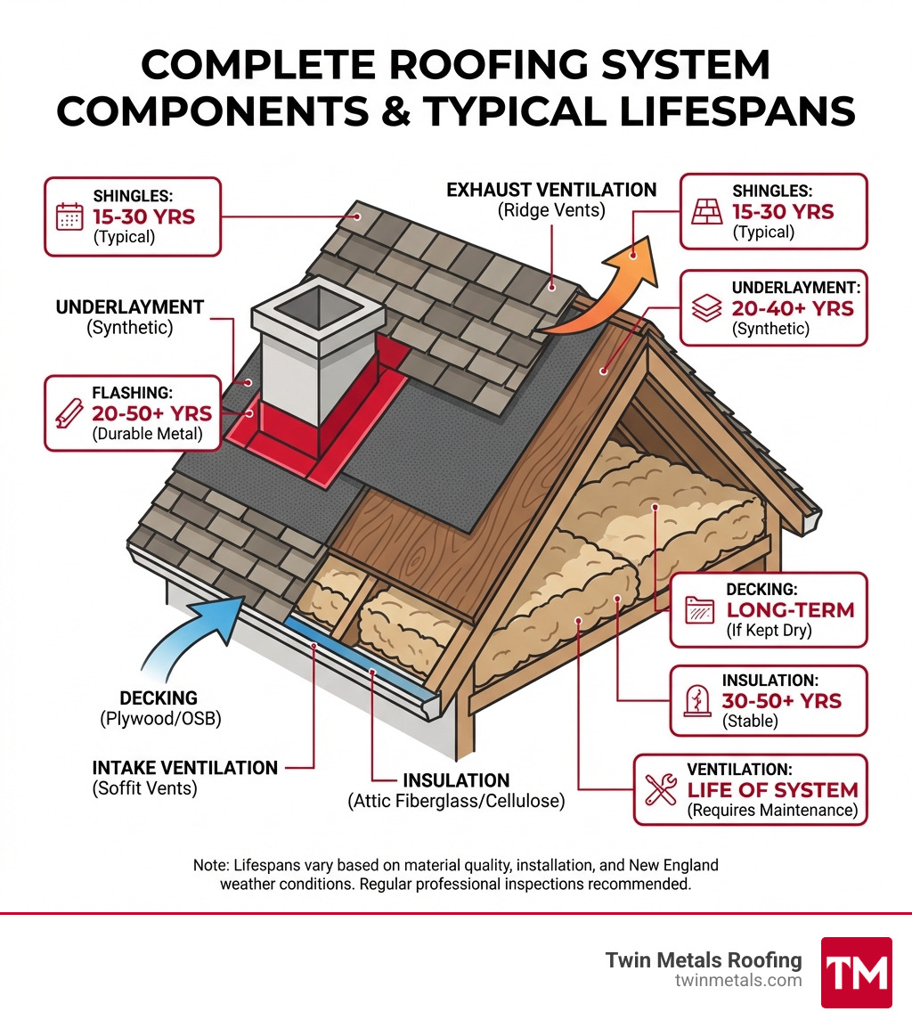 Infographic showing complete roofing system components including shingles, underlayment, flashing, ventilation, decking, and insulation with typical lifespans for each material type - Roofing services Burlington MA infographic Infographic showing complete roofing system components including shingles, underlayment, flashing, ventilation, decking, and insulation with typical lifespans for each material type - Roofing services Burlington MA infographic