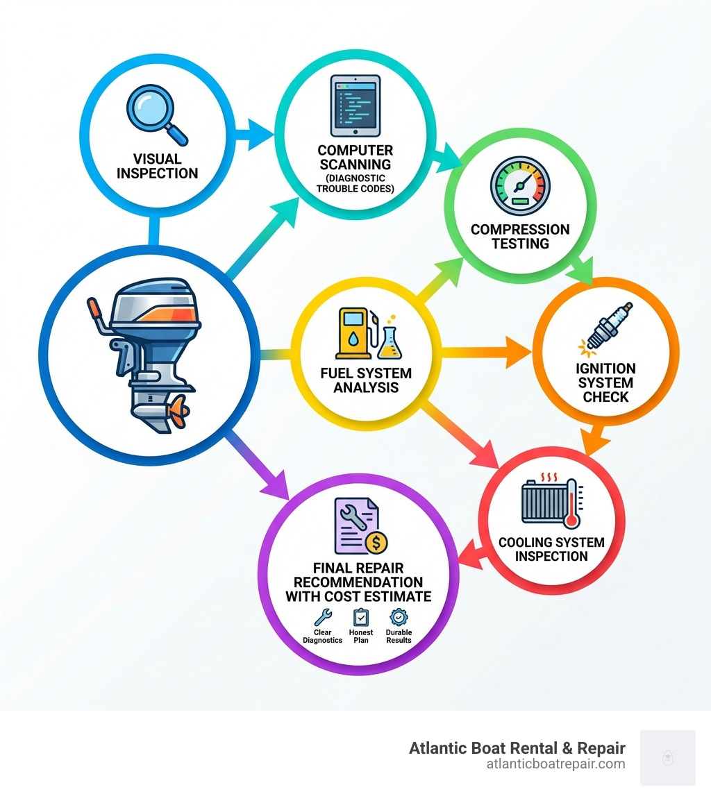 infographic showing marine engine diagnostic process: visual inspection, computer scanning for diagnostic trouble codes, compression testing, fuel system analysis, ignition system check, cooling system inspection, and final repair recommendation with cost estimate - engine repair services infographic 