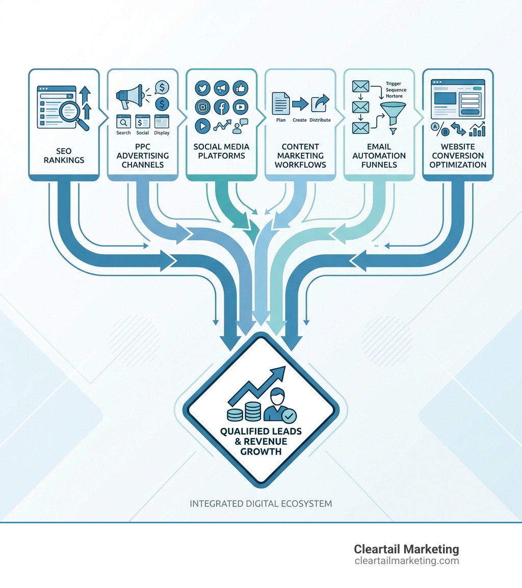 Infographic showing the digital marketing ecosystem including SEO rankings, PPC advertising channels, social media platforms, content marketing workflows, email automation funnels, and website conversion optimization with arrows showing how these services connect to drive qualified leads and revenue growth - online marketing companies in usa infographic 