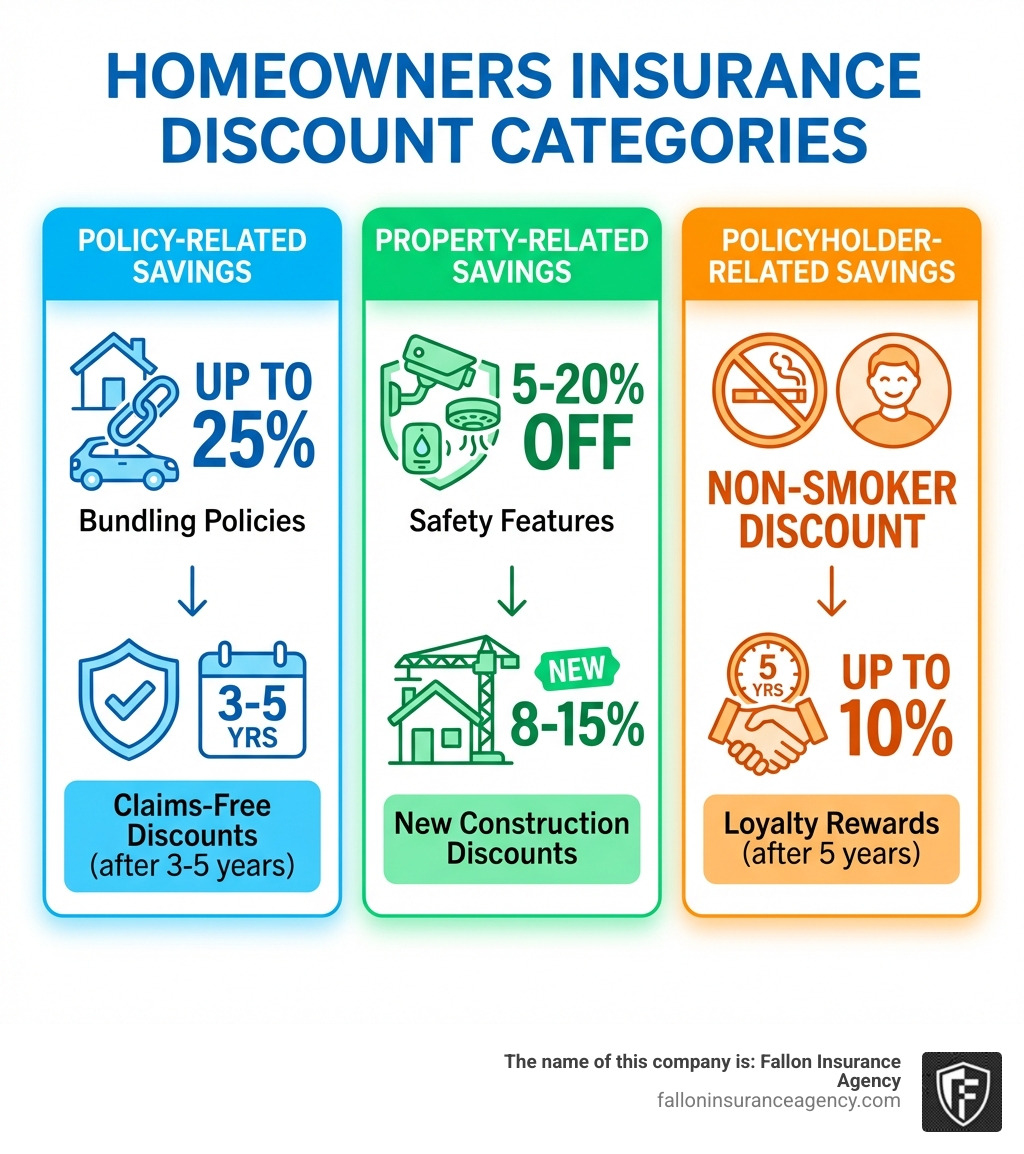 infographic showing homeowners insurance discount categories: policy-related savings including bundling up to 25% and claims-free discounts after 3-5 years; property-related savings from safety features 5-20% off and new construction discounts 8-15%; and policyholder-related savings such as non-smoker discounts and loyalty rewards up to 10% after 5 years - discount homeowners insurance quotes infographic infographic showing homeowners insurance discount categories: policy-related savings including bundling up to 25% and claims-free discounts after 3-5 years; property-related savings from safety features 5-20% off and new construction discounts 8-15%; and policyholder-related savings such as non-smoker discounts and loyalty rewards up to 10% after 5 years - discount homeowners insurance quotes infographic