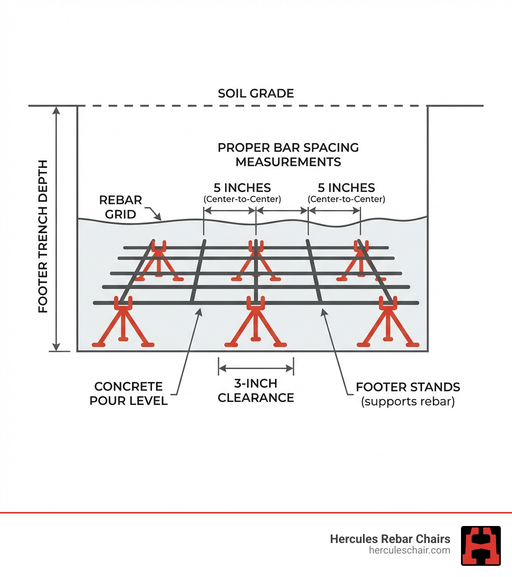 Infographic showing the anatomy of a concrete footer with labeled components: soil grade, footer trench depth, rebar grid supported by footer stands at 3-inch clearance, concrete pour level, and proper bar spacing measurements - footer stand infographic Infographic showing the anatomy of a concrete footer with labeled components: soil grade, footer trench depth, rebar grid supported by footer stands at 3-inch clearance, concrete pour level, and proper bar spacing measurements - footer stand infographic