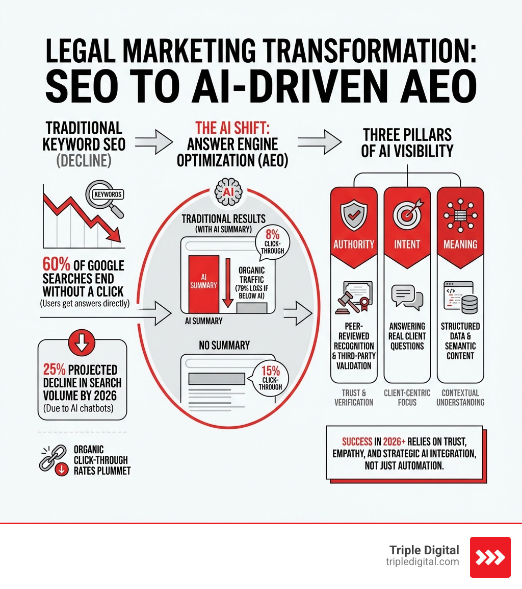 Infographic showing the transformation of legal marketing from traditional keyword SEO to AI-driven Answer Engine Optimization, including statistics on search behavior changes, the decline in organic click-through rates, and the three pillars of AI visibility: Authority (peer-reviewed recognition and third-party validation), Intent (answering real client questions), and Meaning (structured data and semantic content) - AI in legal marketing infographic Infographic showing the transformation of legal marketing from traditional keyword SEO to AI-driven Answer Engine Optimization, including statistics on search behavior changes, the decline in organic click-through rates, and the three pillars of AI visibility: Authority (peer-reviewed recognition and third-party validation), Intent (answering real client questions), and Meaning (structured data and semantic content) - AI in legal marketing infographic