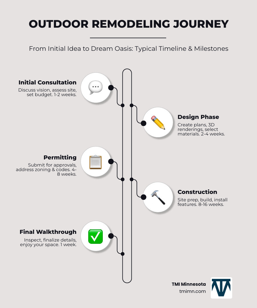 infographic showing the outdoor remodeling journey from initial consultation through design, permitting, construction phases, and final walkthrough with typical timelines and key milestones at each stage - outdoor remodeling contractors infographic infographic-line-5-steps-elegant_beige infographic showing the outdoor remodeling journey from initial consultation through design, permitting, construction phases, and final walkthrough with typical timelines and key milestones at each stage - outdoor remodeling contractors infographic infographic-line-5-steps-elegant_beige
