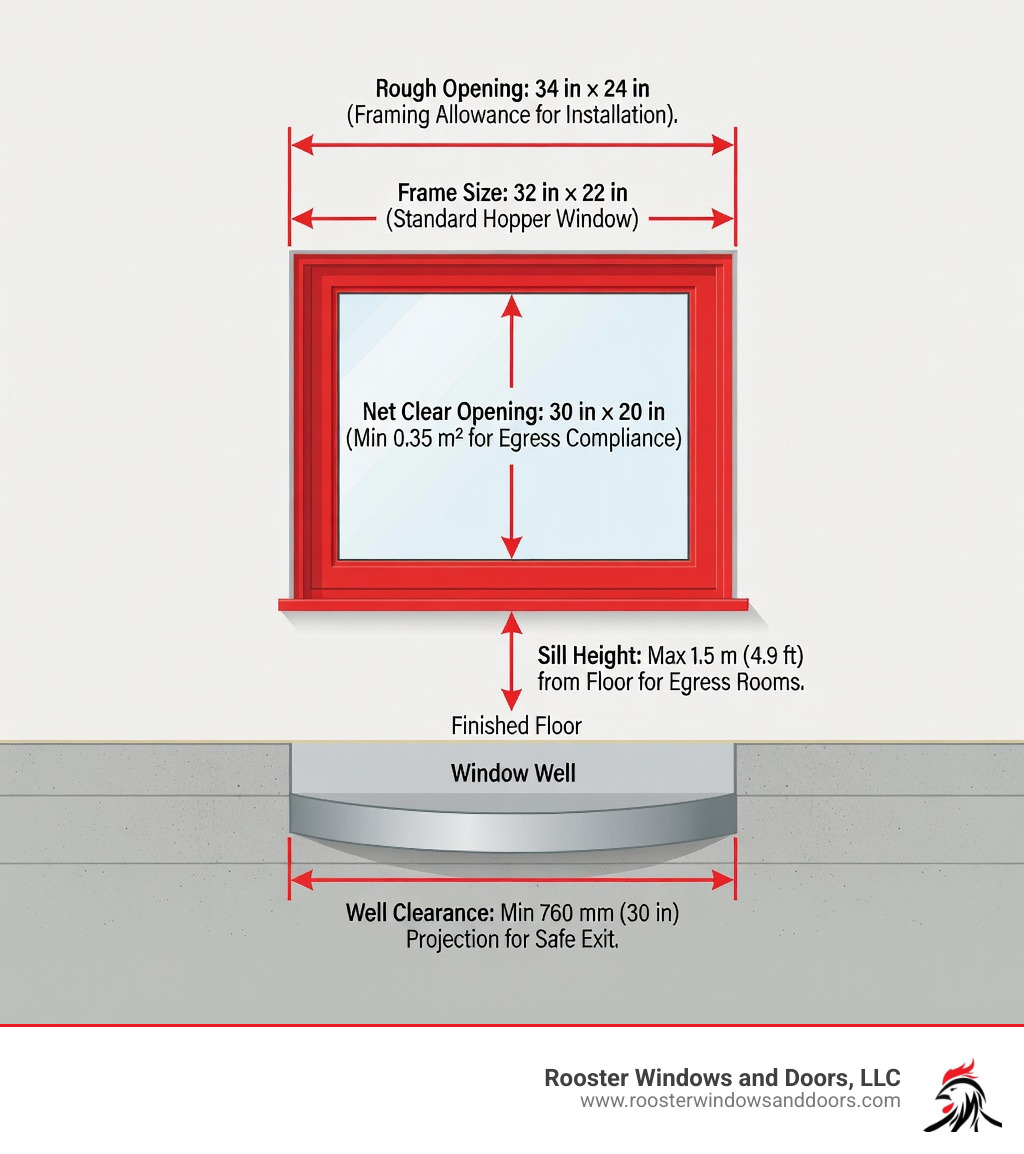 Infographic showing basement window terminology including rough opening, clear opening dimensions, sill height measurement from finished floor, window well clearance requirements of 760mm minimum projection, and the difference between frame size versus net clear opening for egress compliance - basement window sizes infographic 