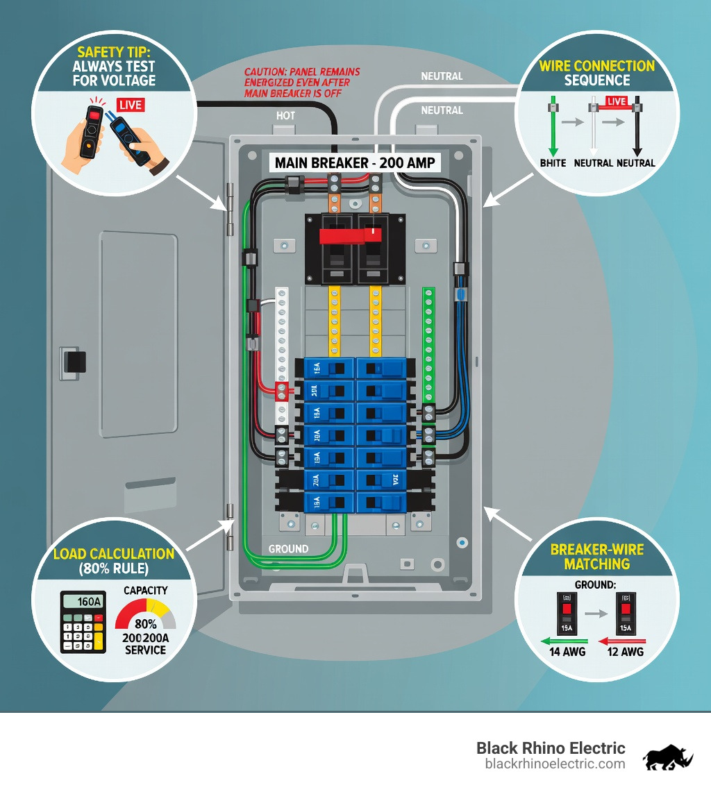 detailed infographic showing main panel components including main breaker, bus bars, neutral bar, ground bar, individual circuit breakers, knockout plates, and cable clamps with safety warnings - add breaker to main panel infographic 