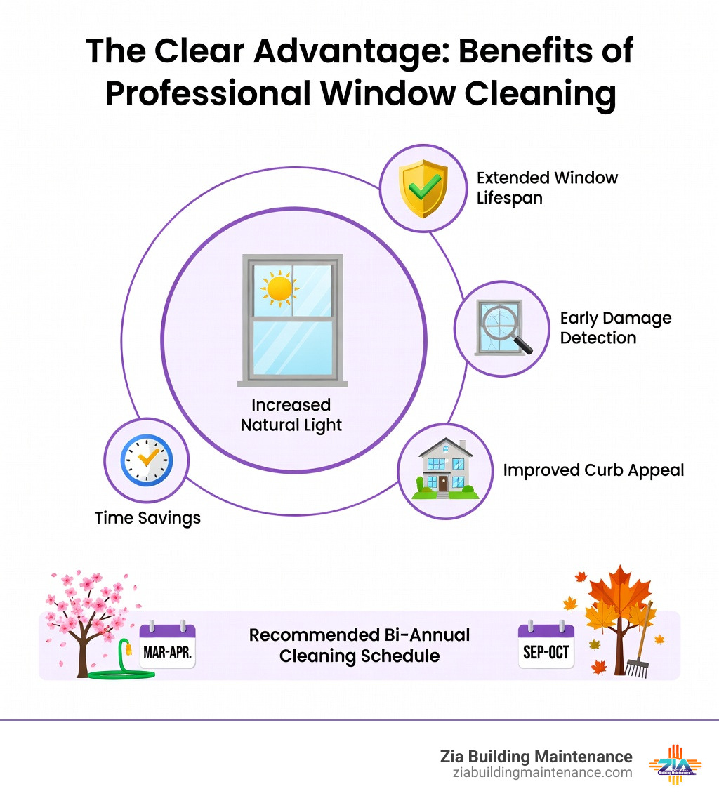 infographic showing benefits of professional window cleaning including increased natural light, extended window lifespan, early damage detection, improved curb appeal, and time savings, with recommended bi-annual cleaning schedule in spring and fall - residential window cleaning services infographic infographic showing benefits of professional window cleaning including increased natural light, extended window lifespan, early damage detection, improved curb appeal, and time savings, with recommended bi-annual cleaning schedule in spring and fall - residential window cleaning services infographic