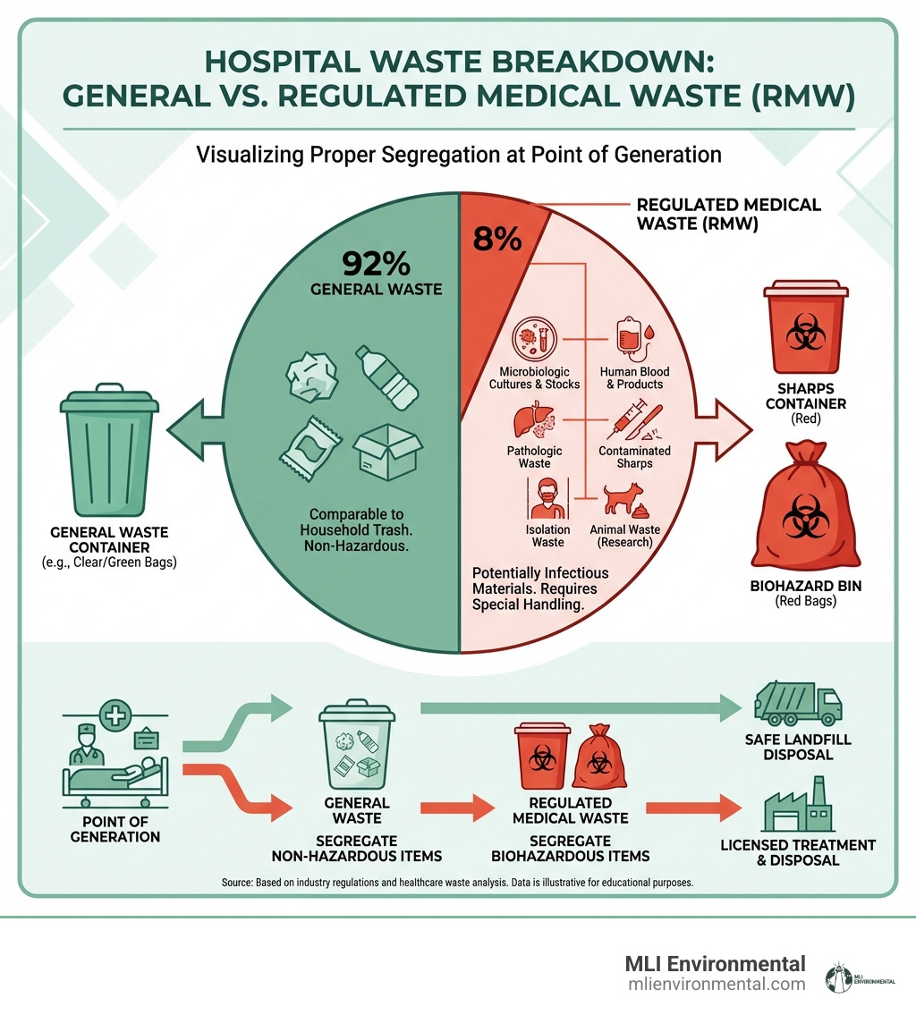 Infographic showing hospital waste breakdown: 92% general waste comparable to household trash versus 8% regulated medical waste (RMW) which includes microbiologic cultures, human blood and blood products, pathologic waste, contaminated sharps, isolation waste, and animal waste; includes visual representation of proper segregation at point of generation using color-coded containers - biohazard waste in hospitals infographic Infographic showing hospital waste breakdown: 92% general waste comparable to household trash versus 8% regulated medical waste (RMW) which includes microbiologic cultures, human blood and blood products, pathologic waste, contaminated sharps, isolation waste, and animal waste; includes visual representation of proper segregation at point of generation using color-coded containers - biohazard waste in hospitals infographic