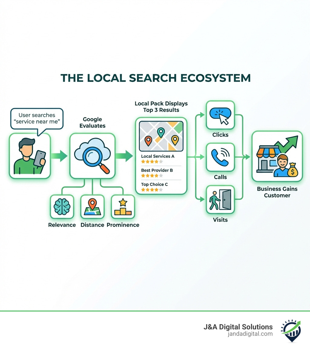 Infographic showing the local search ecosystem: User searches "service near me" → Google evaluates relevance, distance, and prominence → Local Pack displays top 3 results → User clicks, calls, or visits → Business gains customer - local SEO for small infographic 