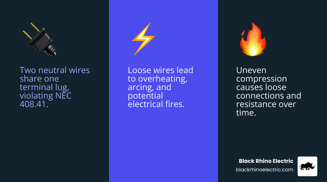 infographic showing single neutral wire properly connected to individual terminal versus two neutral wires improperly sharing one terminal, with labels for neutral bus bar, terminal screws, and warning symbols for overheating and loose connections - cost to fix double tapped neutral wires infographic 3_facts_emoji_blue