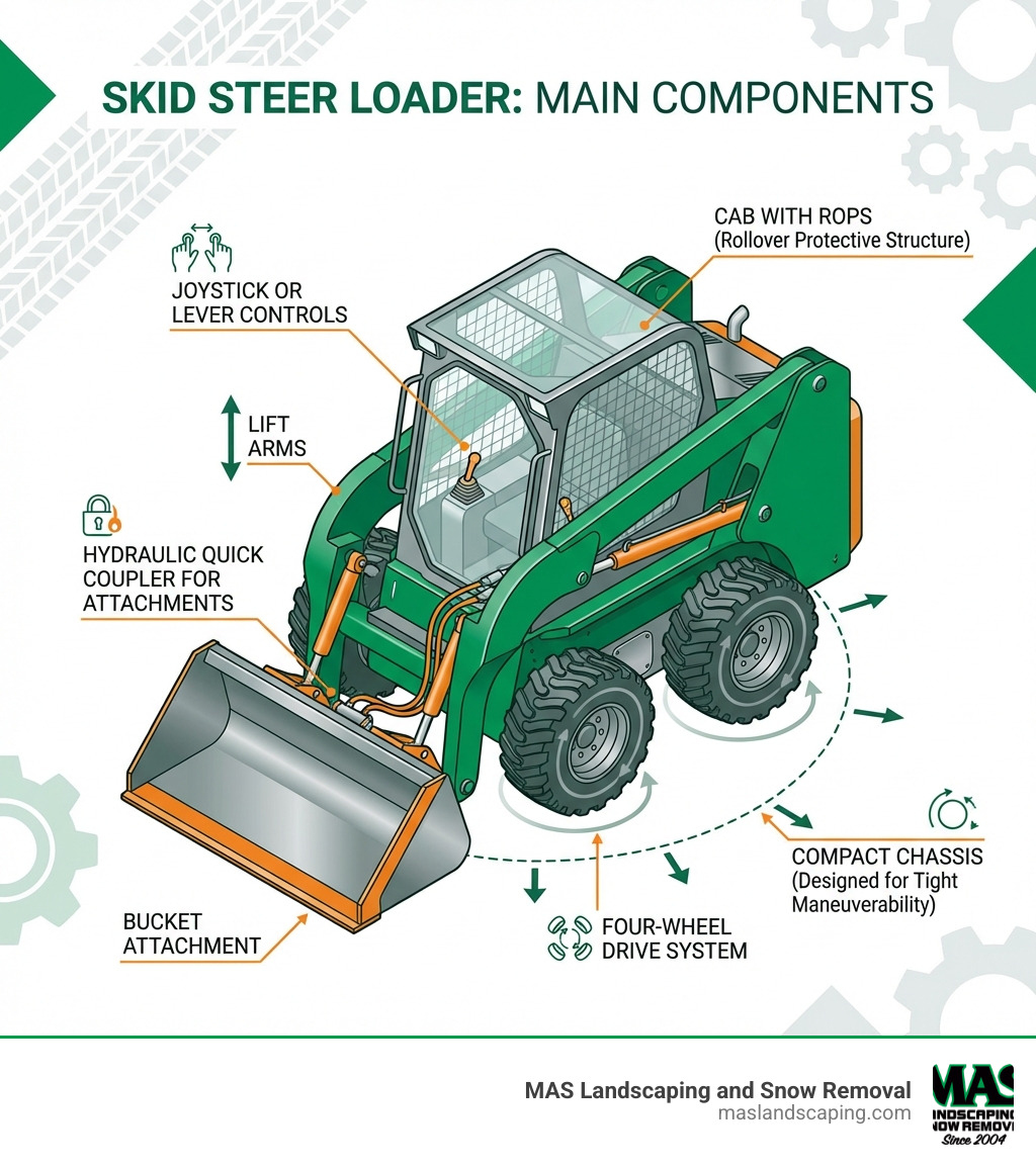Infographic showing the main components of a skid steer loader including the cab with ROPS (rollover protective structure), joystick or lever controls, hydraulic quick coupler for attachments, lift arms, bucket attachment, four-wheel drive system, and compact chassis designed for tight maneuverability - Skid steer operator infographic Infographic showing the main components of a skid steer loader including the cab with ROPS (rollover protective structure), joystick or lever controls, hydraulic quick coupler for attachments, lift arms, bucket attachment, four-wheel drive system, and compact chassis designed for tight maneuverability - Skid steer operator infographic