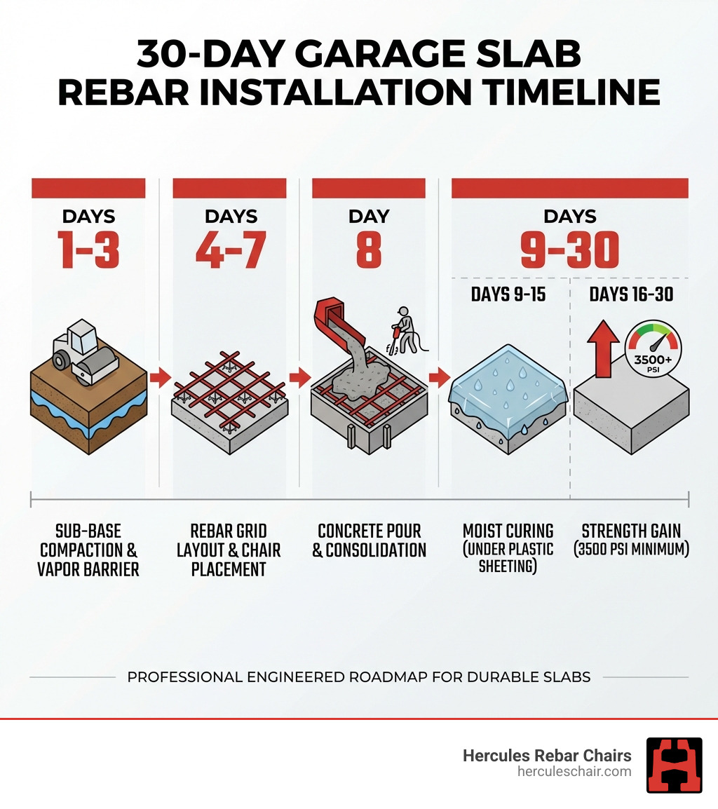 30-day garage slab rebar installation timeline showing: Days 1-3 sub-base compaction and vapor barrier, Days 4-7 rebar grid layout and chair placement, Day 8 concrete pour with proper consolidation, Days 9-15 moist curing under plastic sheeting, Days 16-30 continued hydration and strength gain to 3500 PSI minimum - garage slab rebar infographic 30-day garage slab rebar installation timeline showing: Days 1-3 sub-base compaction and vapor barrier, Days 4-7 rebar grid layout and chair placement, Day 8 concrete pour with proper consolidation, Days 9-15 moist curing under plastic sheeting, Days 16-30 continued hydration and strength gain to 3500 PSI minimum - garage slab rebar infographic