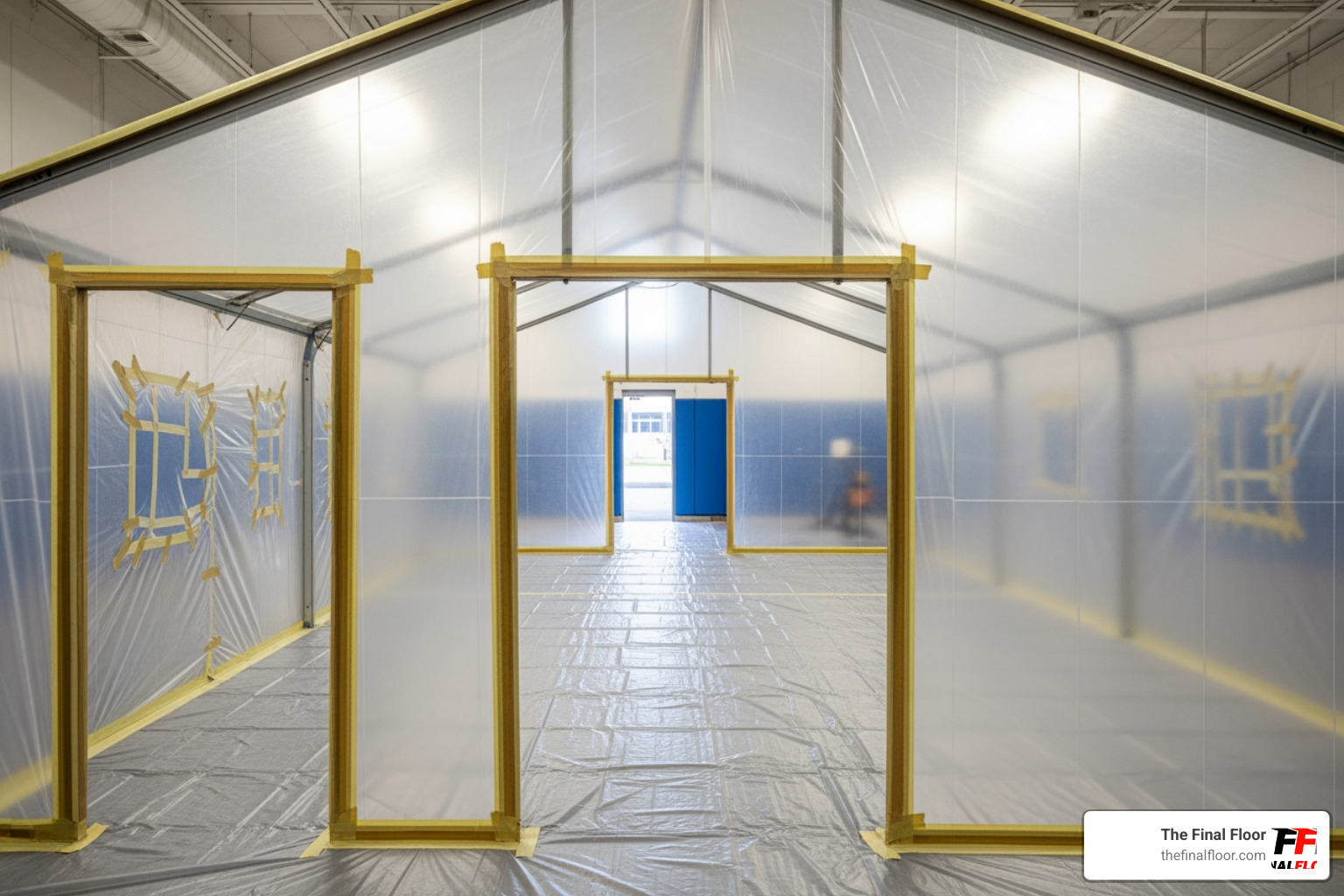 A gym floor area sealed off with industrial-grade plastic sheeting, showing taped-off vents and doorways to contain fine sawdust during the refinishing process - floor refinishing A gym floor area sealed off with industrial-grade plastic sheeting, showing taped-off vents and doorways to contain fine sawdust during the refinishing process - floor refinishing