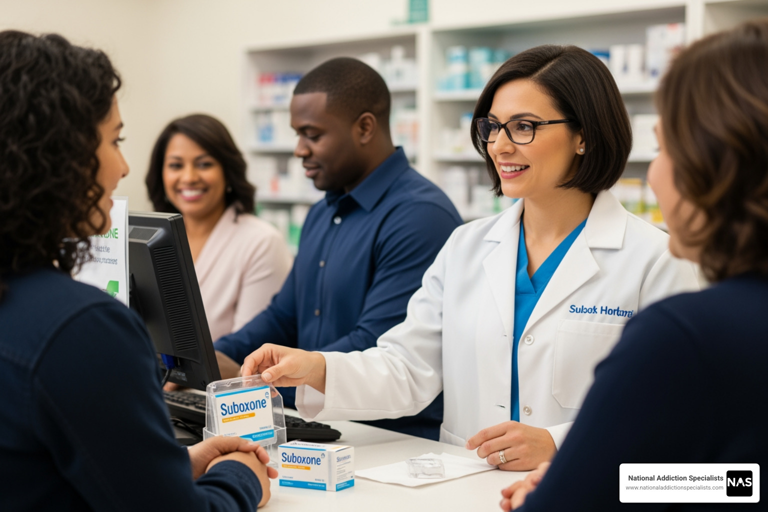 Pharmacist dispensing Suboxone medication to a patient - Suboxone treatment Medicaid