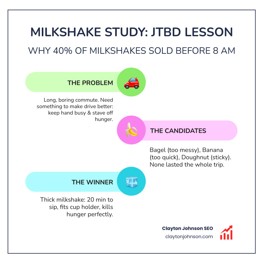 Infographic of the Milkshake Study: 40% of milkshakes were bought in the morning. The job: A long, boring commute. The candidates: Bagels (too messy), Bananas (too quick), Doughnuts (sticky). The winner: Milkshake (lasted the whole drive, fit in the cup holder, staved off hunger). - jobs to be done methodology infographic infographic-line-3-steps-colors