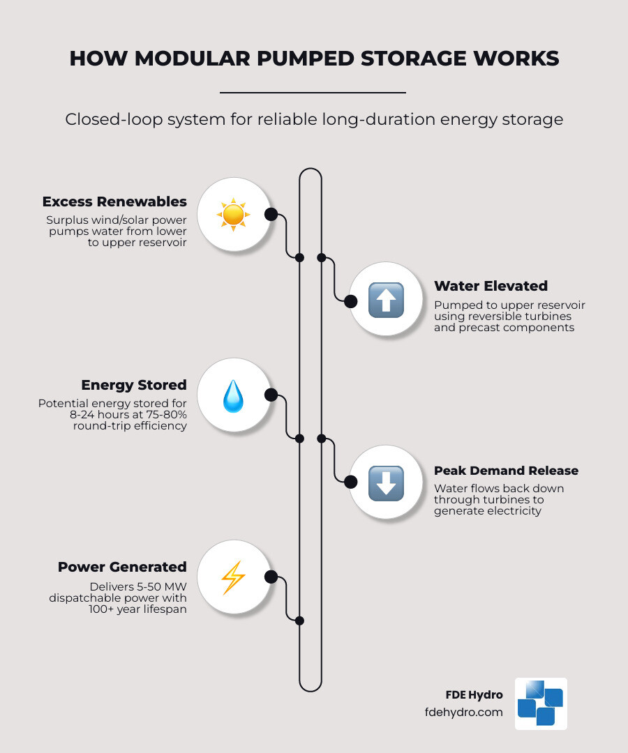 Infographic showing how modular pumped storage works: During low-demand periods, surplus renewable electricity pumps water from a lower reservoir to an upper reservoir using standardized precast components. During high-demand periods, water flows back down through reversible turbines to generate electricity. The system operates in a closed loop with minimal environmental impact, delivers 8-24 hours of storage at 75-80% round-trip efficiency, and can be scaled from 5-50 MW using modular design for faster deployment. - modular pumped storage infographic infographic-line-5-steps-elegant_beige