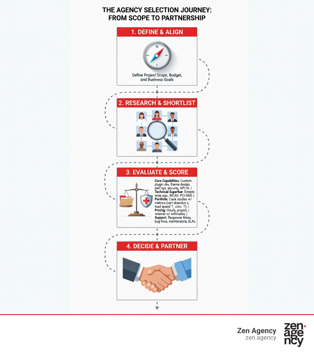 infographic showing the agency selection journey from defining project scope through evaluation criteria to final partnership decision - woocommerce development agency infographic infographic showing the agency selection journey from defining project scope through evaluation criteria to final partnership decision - woocommerce development agency infographic
