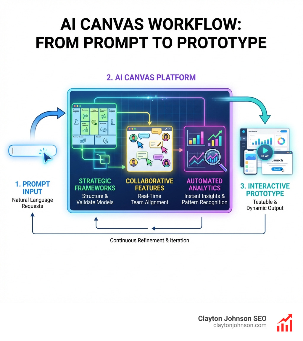 Detailed workflow showing how AI Canvas platforms transform prompts into prototypes through strategic frameworks, collaborative features, and automated analytics - Canvas for AI businesses infographic 