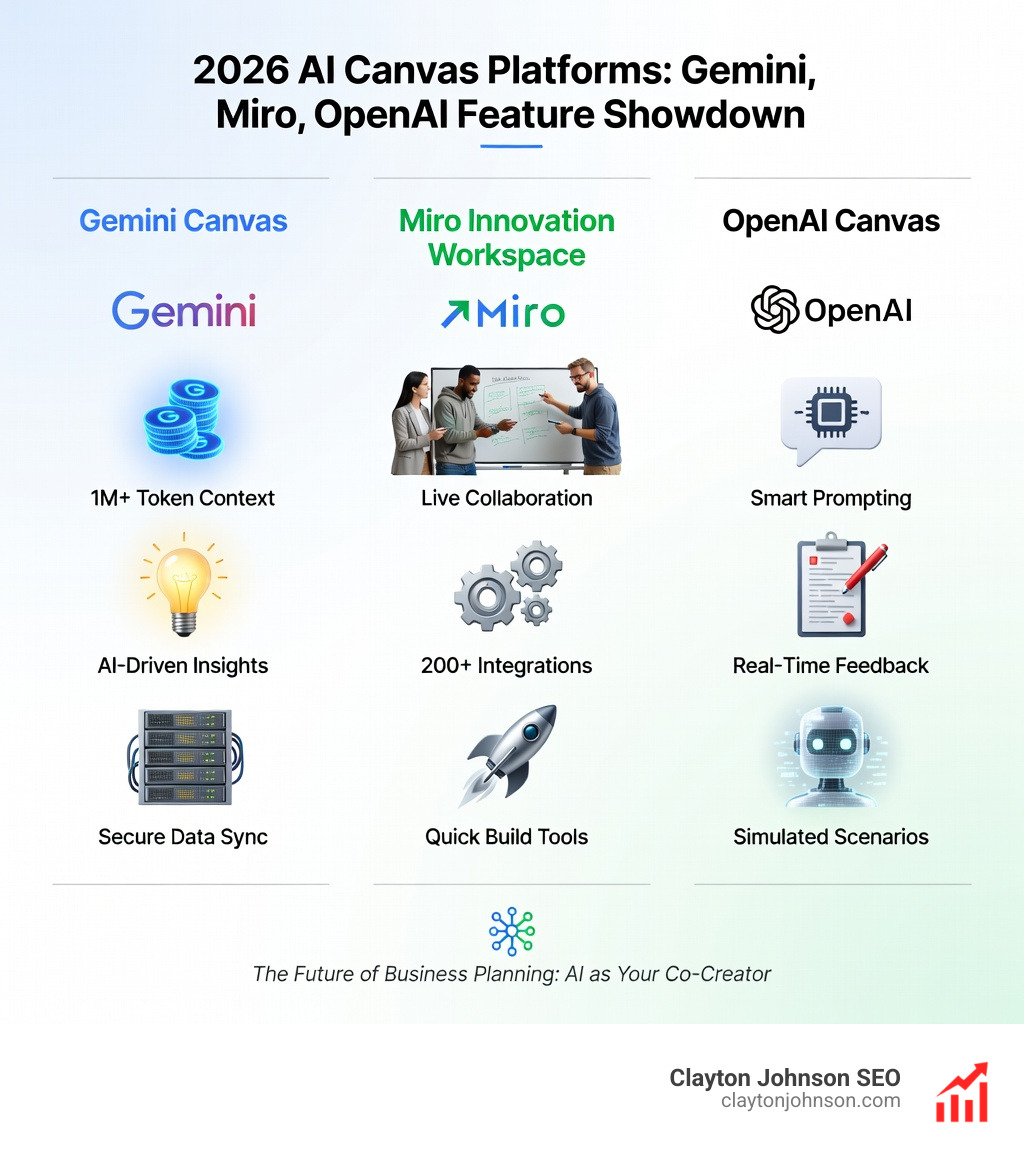 Comparison table of Gemini Canvas, Miro, and OpenAI Canvas features - Canvas for AI businesses infographic 