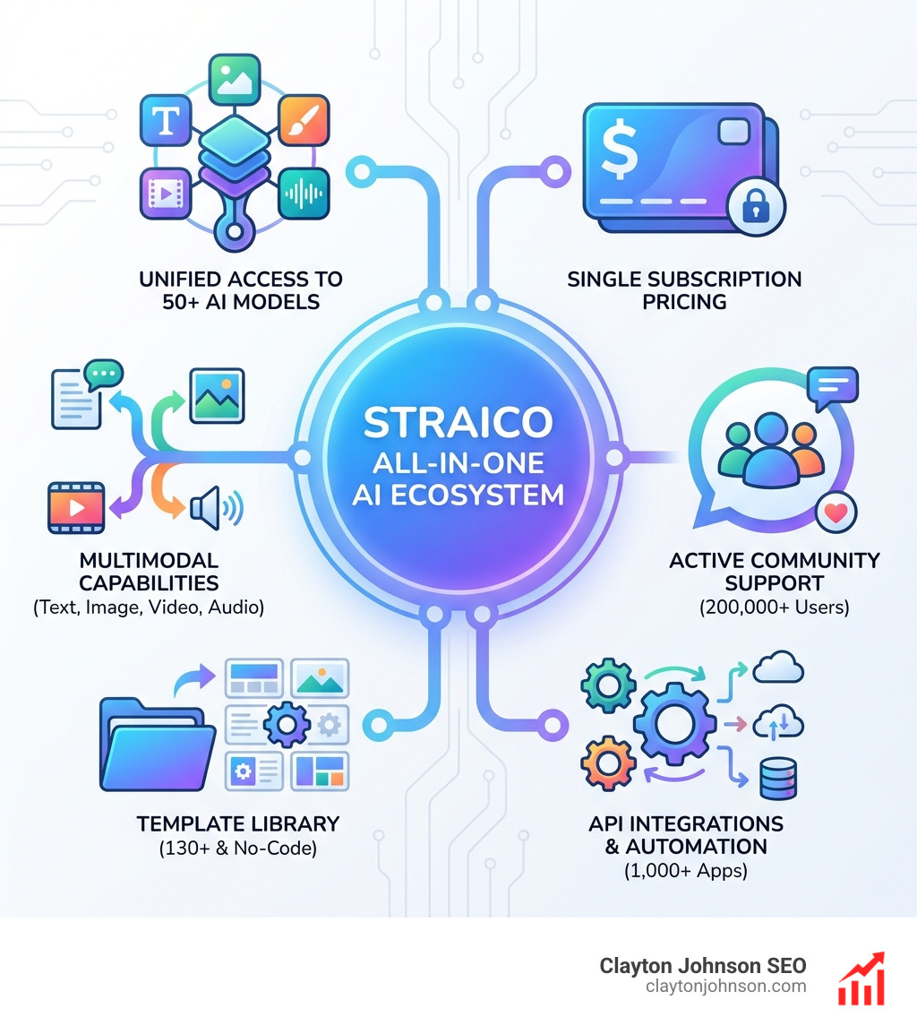 Straico all-in-one ecosystem infographic showing unified access to 50+ AI models, single subscription pricing, multimodal capabilities, template library, API integrations, and community support - Straico infographic Straico all-in-one ecosystem infographic showing unified access to 50+ AI models, single subscription pricing, multimodal capabilities, template library, API integrations, and community support - Straico infographic