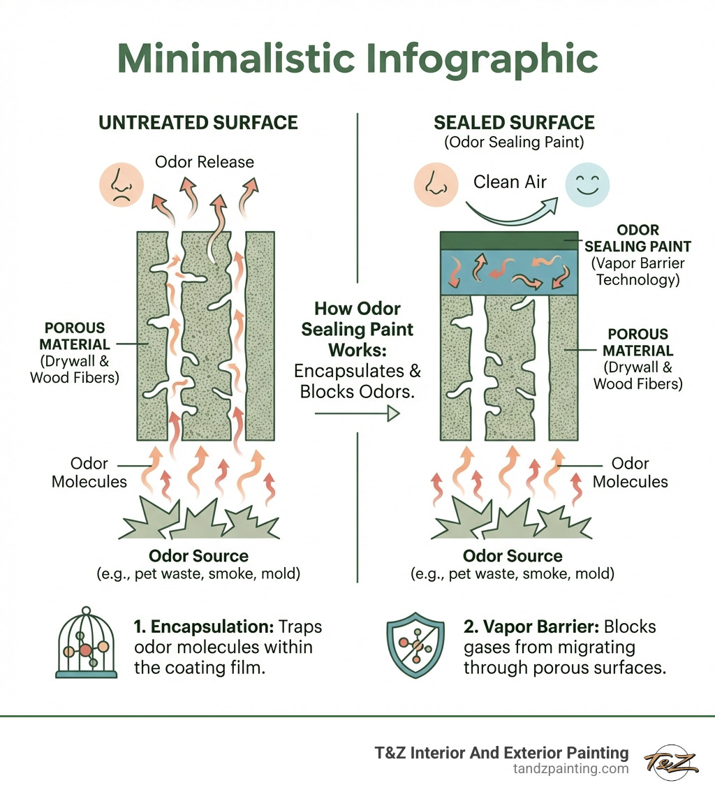 infographic showing how odor molecules penetrate porous drywall and wood fibers, then get trapped by odor sealing paint's vapor barrier technology, with cross-section diagrams comparing untreated vs. sealed surfaces - Odor sealing paint infographic 