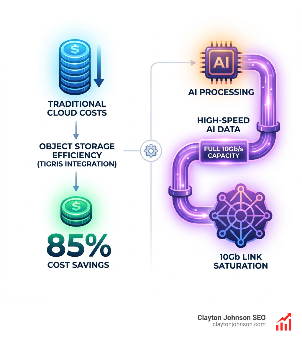 Infographic showing 85% cost savings on object storage and 10Gb link saturation for high-speed AI data processing. - ai inference tools fal infographic Infographic showing 85% cost savings on object storage and 10Gb link saturation for high-speed AI data processing. - ai inference tools fal infographic