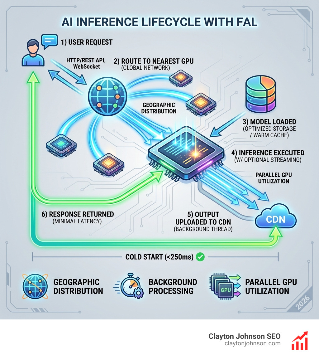 Infographic showing the AI inference lifecycle: 1) User request arrives via HTTP/REST API or WebSocket, 2) Request routed to nearest GPU in global network, 3) Model loaded from optimized storage (or warm cache), 4) Inference executed with optional streaming, 5) Output uploaded to CDN in background thread, 6) Response returned to user with minimal latency. Key optimization points highlighted: geographic distribution, background processing, and parallel GPU utilization. - ai inference tools fal infographic Infographic showing the AI inference lifecycle: 1) User request arrives via HTTP/REST API or WebSocket, 2) Request routed to nearest GPU in global network, 3) Model loaded from optimized storage (or warm cache), 4) Inference executed with optional streaming, 5) Output uploaded to CDN in background thread, 6) Response returned to user with minimal latency. Key optimization points highlighted: geographic distribution, background processing, and parallel GPU utilization. - ai inference tools fal infographic