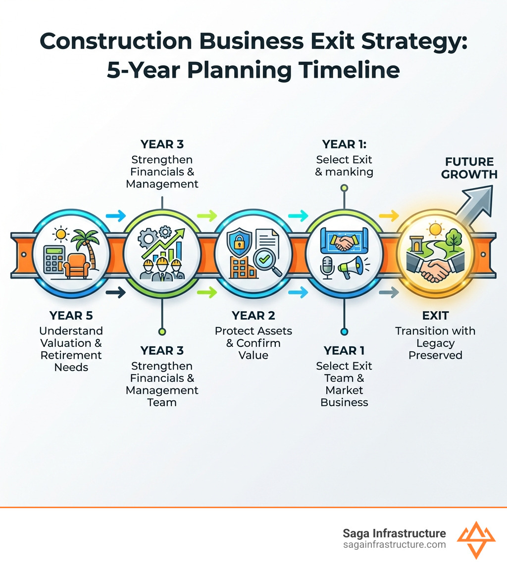 construction business exit strategy timeline infographic showing 5-year planning window with key milestones: Year 5 - understand valuation and retirement needs, Year 3 - strengthen financials and management team, Year 2 - protect assets and confirm value, Year 1 - select exit team and market business, Exit - transition with legacy preserved - construction business exit strategy infographic 