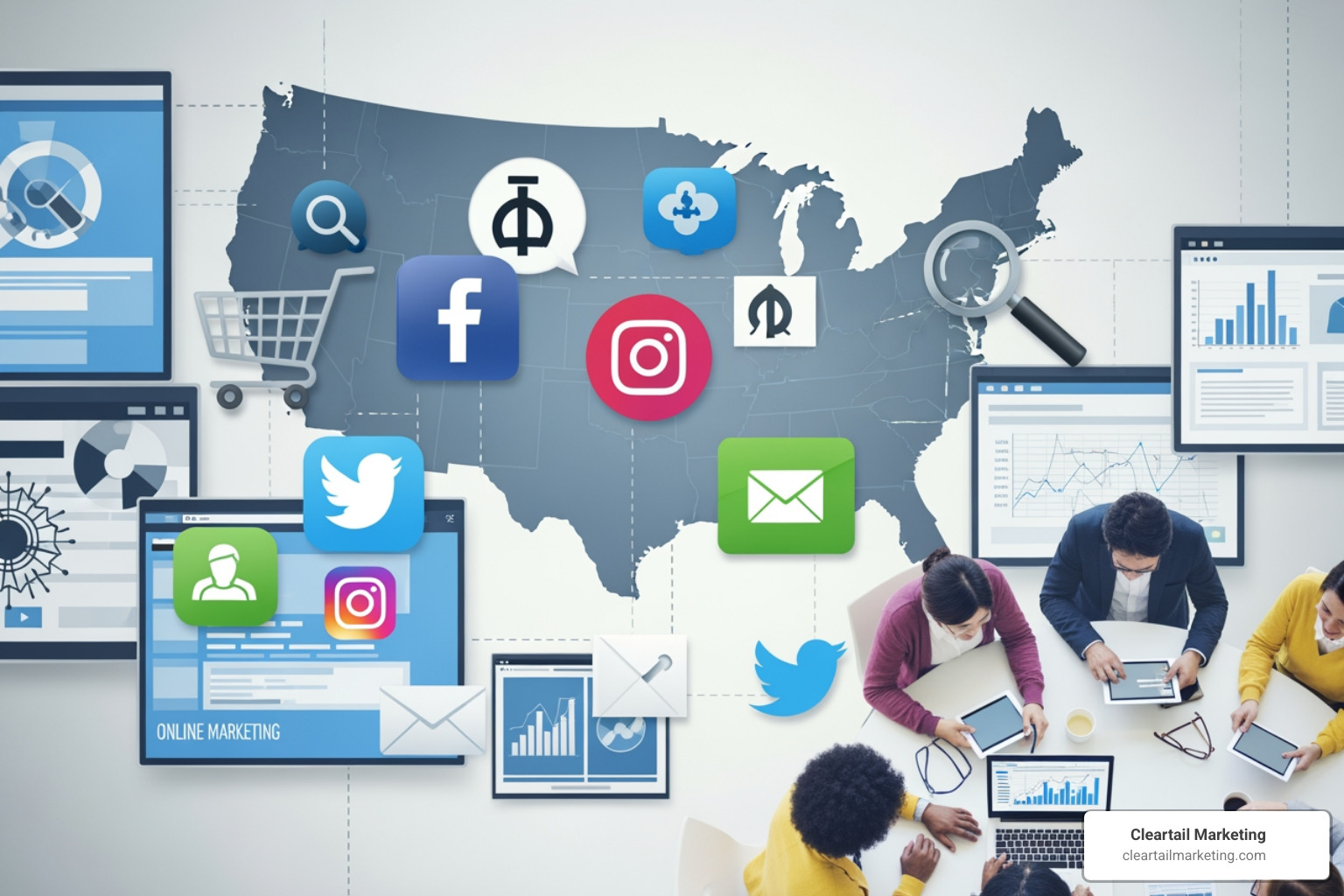 digital marketing professionals collaborating on a high-tech strategy board - online marketing companies in usa