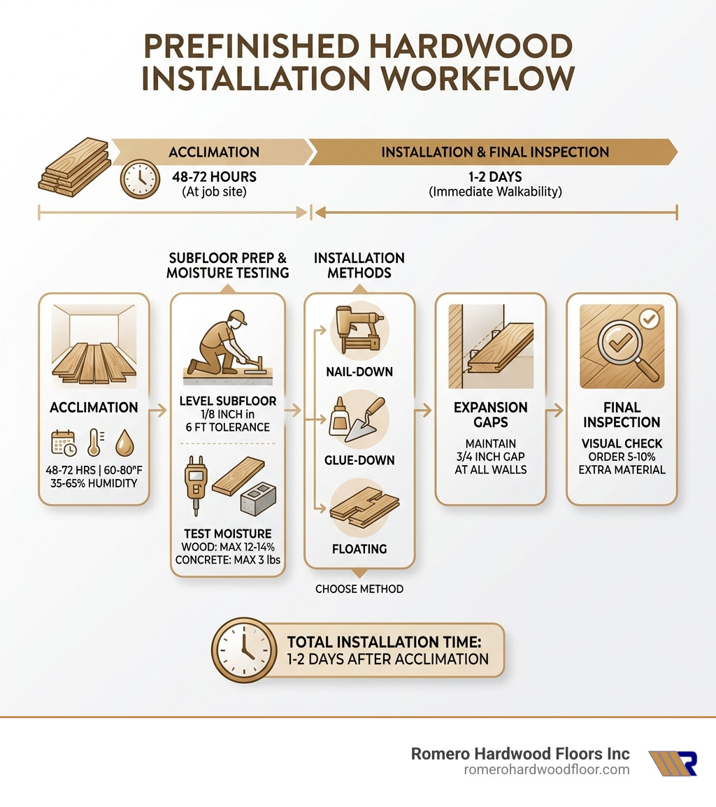 infographic showing prefinished hardwood installation workflow from acclimation through subfloor prep, moisture testing, installation methods, expansion gaps, and final inspection with timeline of 48-72 hours acclimation plus 1-2 days installation - Prefinished hardwood floor installation infographic infographic showing prefinished hardwood installation workflow from acclimation through subfloor prep, moisture testing, installation methods, expansion gaps, and final inspection with timeline of 48-72 hours acclimation plus 1-2 days installation - Prefinished hardwood floor installation infographic