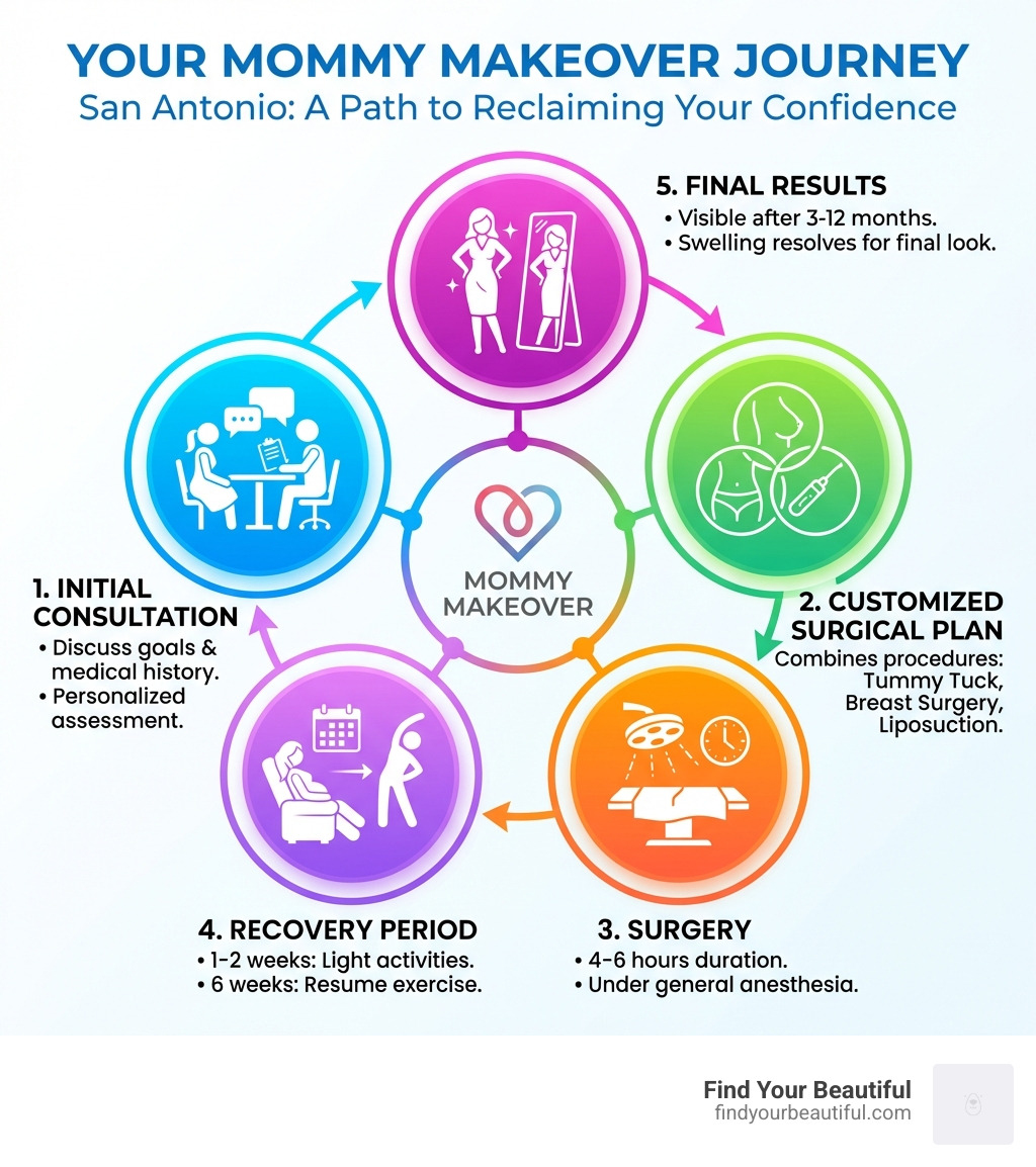 Infographic showing the mommy makeover process: 1. Initial consultation to discuss goals and medical history, 2. Customized surgical plan combining procedures like tummy tuck, breast surgery, and liposuction, 3. Surgery lasting 4-6 hours under general anesthesia, 4. Recovery period of 1-2 weeks for light activities and 6 weeks for exercise, 5. Final results visible after 3-12 months as swelling resolves - mommy makeover san antonio infographic 