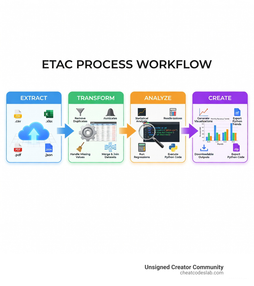 Infographic showing the Extract-Transform-Analyze-Create (ETAC) process workflow: Extract data from uploaded files, Transform through cleaning and merging, Analyze with statistical methods and Python code execution, Create visualizations and downloadable outputs - chatgpt advanced data analysis tutorial infographic 