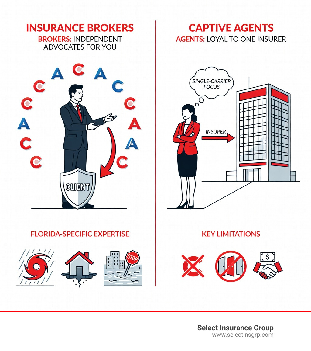 Infographic showing the key differences between insurance brokers and captive agents: brokers represent multiple carriers and work for the client, while captive agents represent only one insurance company and work for that insurer - orlando brokers insurance infographic 