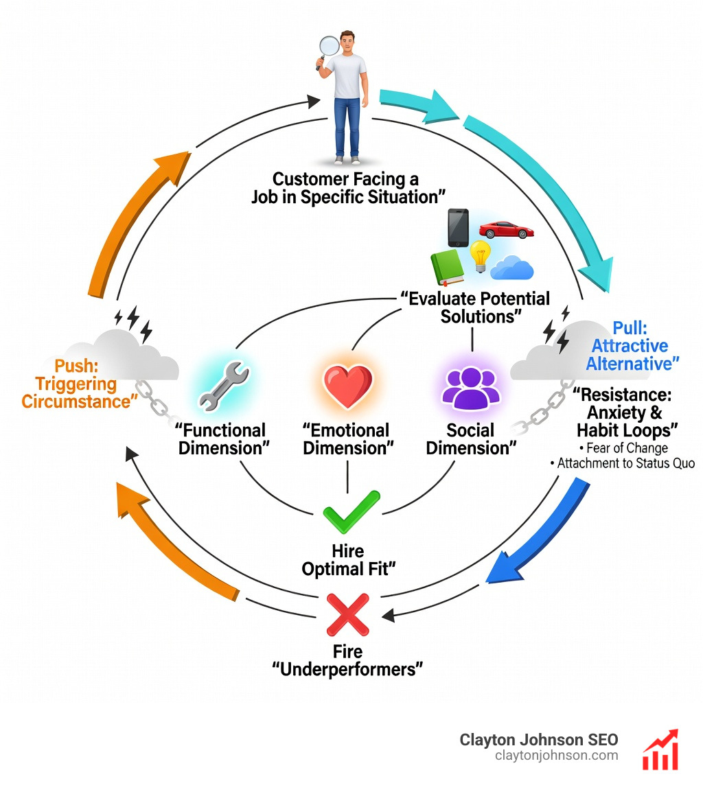 Infographic showing the JTBD framework: Customer has a job to be done in a specific situation. They evaluate candidates (products/services). They hire the best solution based on functional, emotional, and social dimensions. Products that don't perform get fired. The diagram includes push/pull forces (situation pushing them to change, new solution pulling them forward) and anxieties/habits (fear of new solution, attachment to old way) that influence the hiring decision. - jobs to be done methodology infographic 